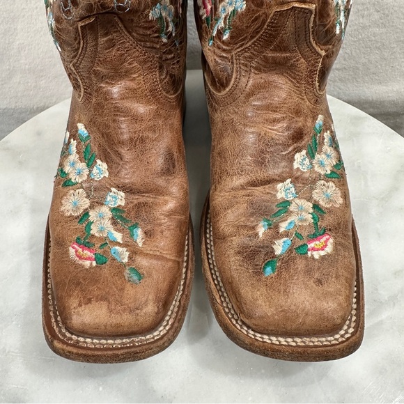 Macie Bean floral brown cowboy boots square toe rose garden leather pink blue - Picture 7 of 11